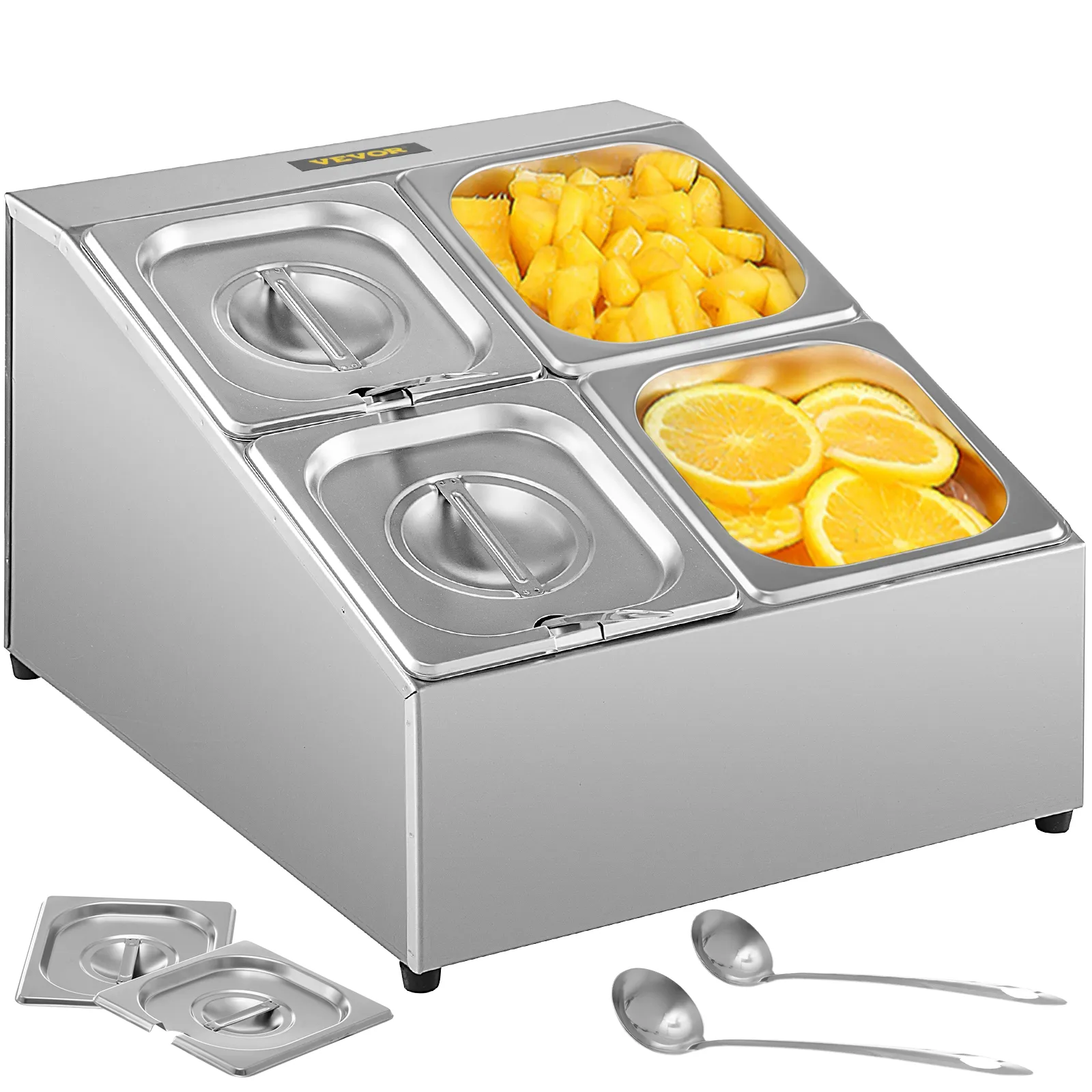 Estante para especias VEVOR con recipientes para frutas, acero inoxidable y cucharas para servir.