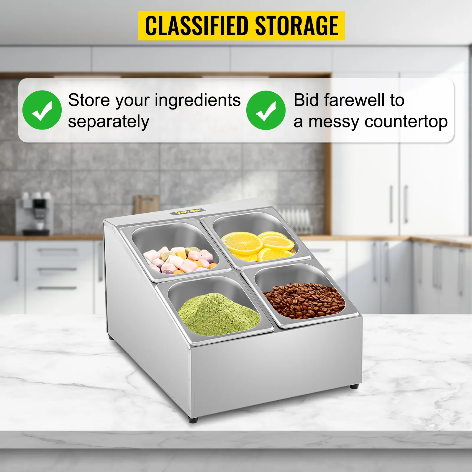 Estante para especias VEVOR en una cocina moderna con almacenamiento de ingredientes categorizados.