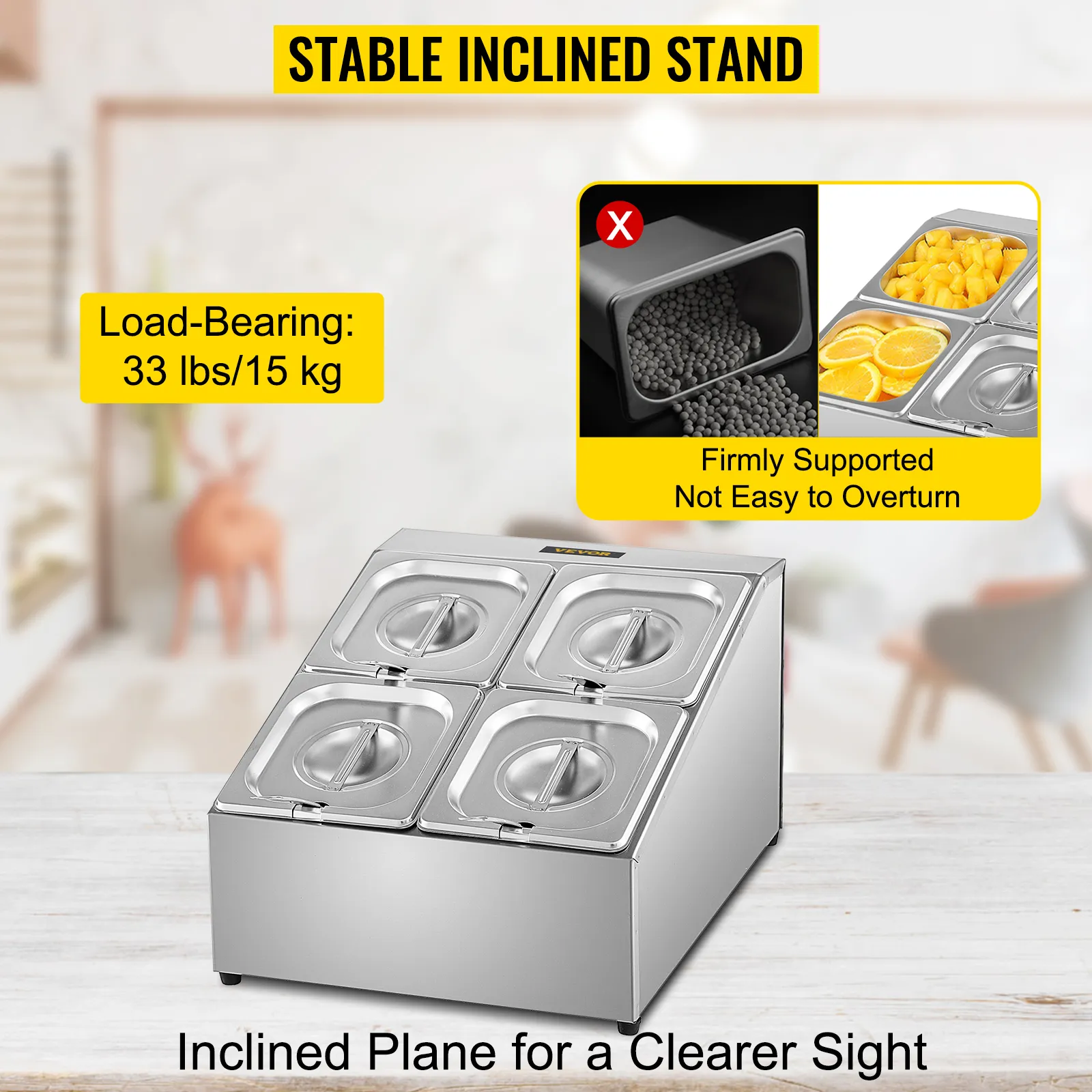 Estante para especias VEVOR con cuatro contenedores sobre un soporte inclinado estable, con capacidad de carga de 33 libras.