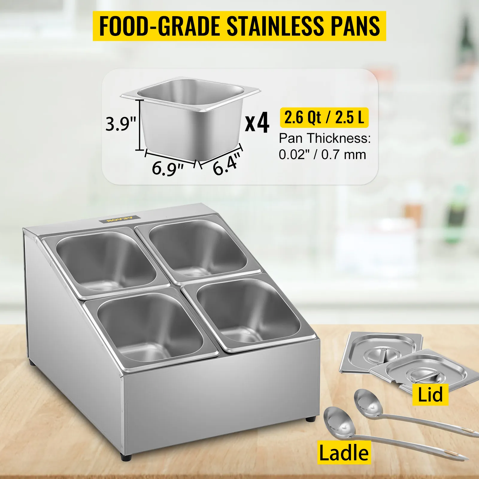 Estante para especias VEVOR con cuatro cacerolas, tapas y cucharones de acero inoxidable aptos para uso alimentario.