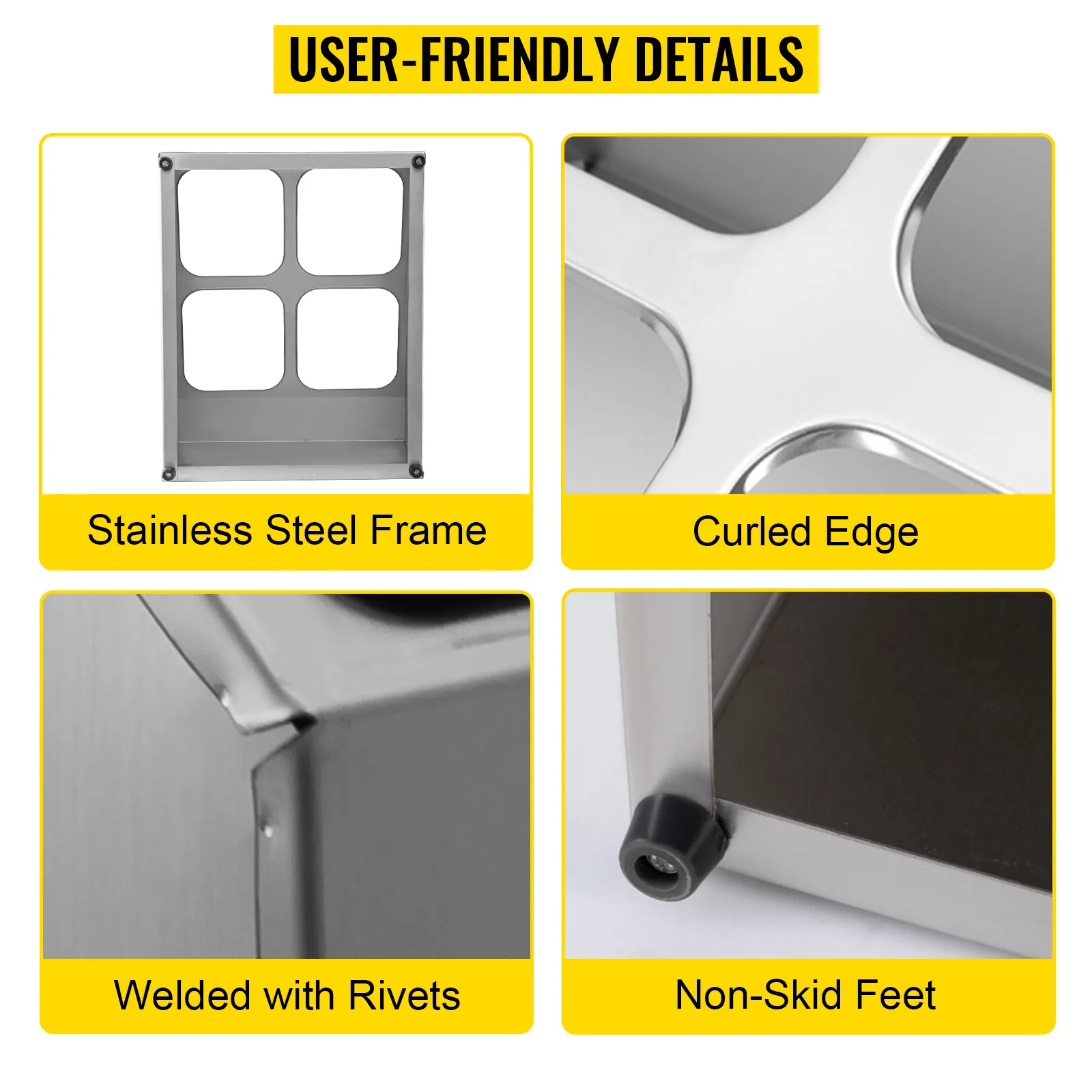 Estante para especias VEVOR que destaca por su marco de acero inoxidable, borde rizado, remaches y patas antideslizantes.