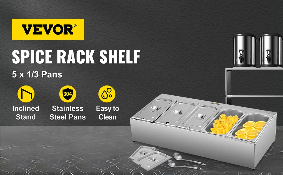 Especiero VEVOR con 5 bandejas de acero inoxidable, soporte inclinado y diseño fácil de limpiar.