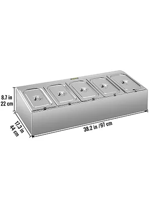 Especiero VEVOR con cinco compartimentos cubiertos y dimensiones etiquetadas.