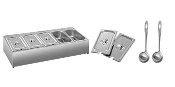 Especiero VEVOR de acero inoxidable con cinco recipientes y dos cucharones metálicos.