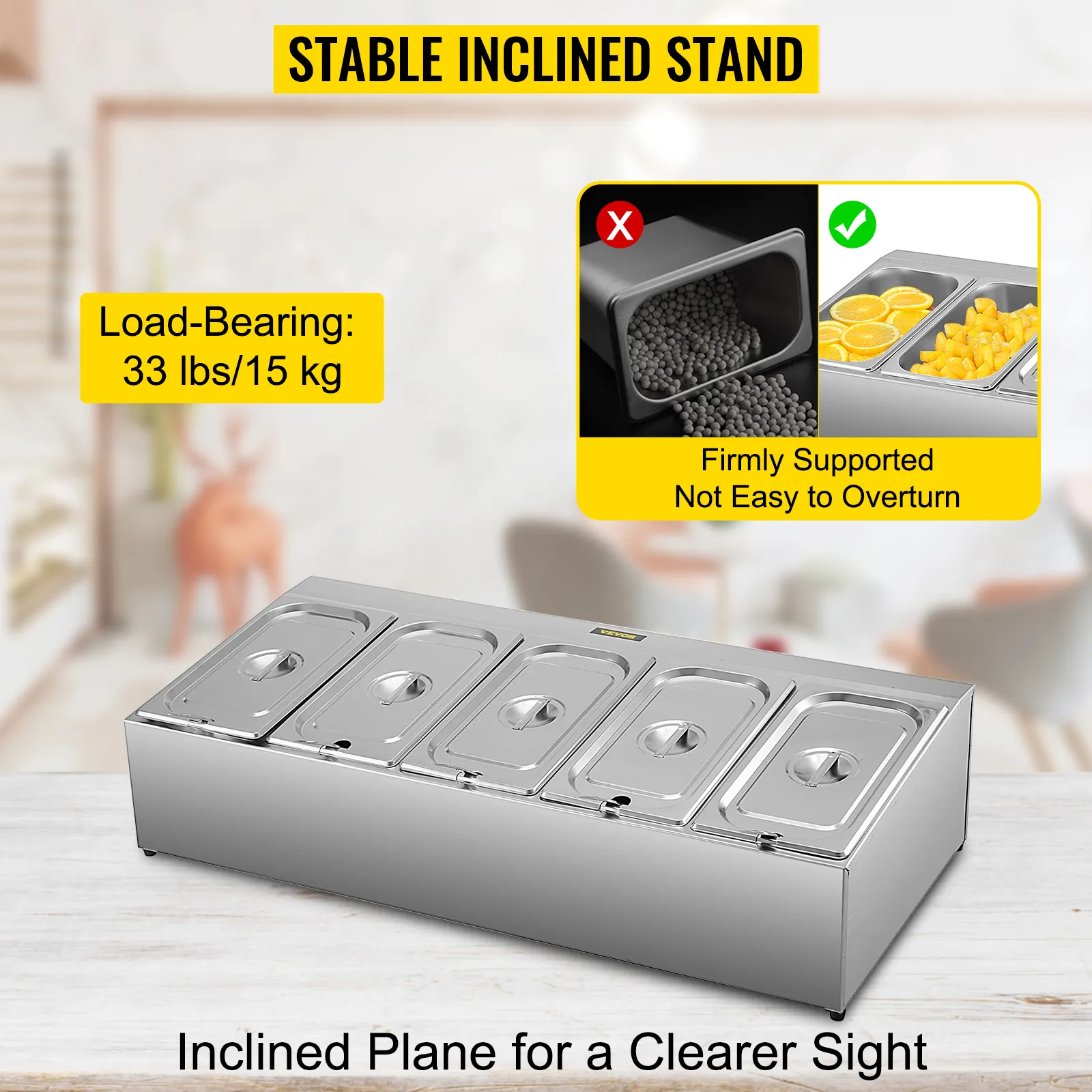 Especiero VEVOR con cinco recipientes de acero inoxidable sobre un soporte inclinado estable.