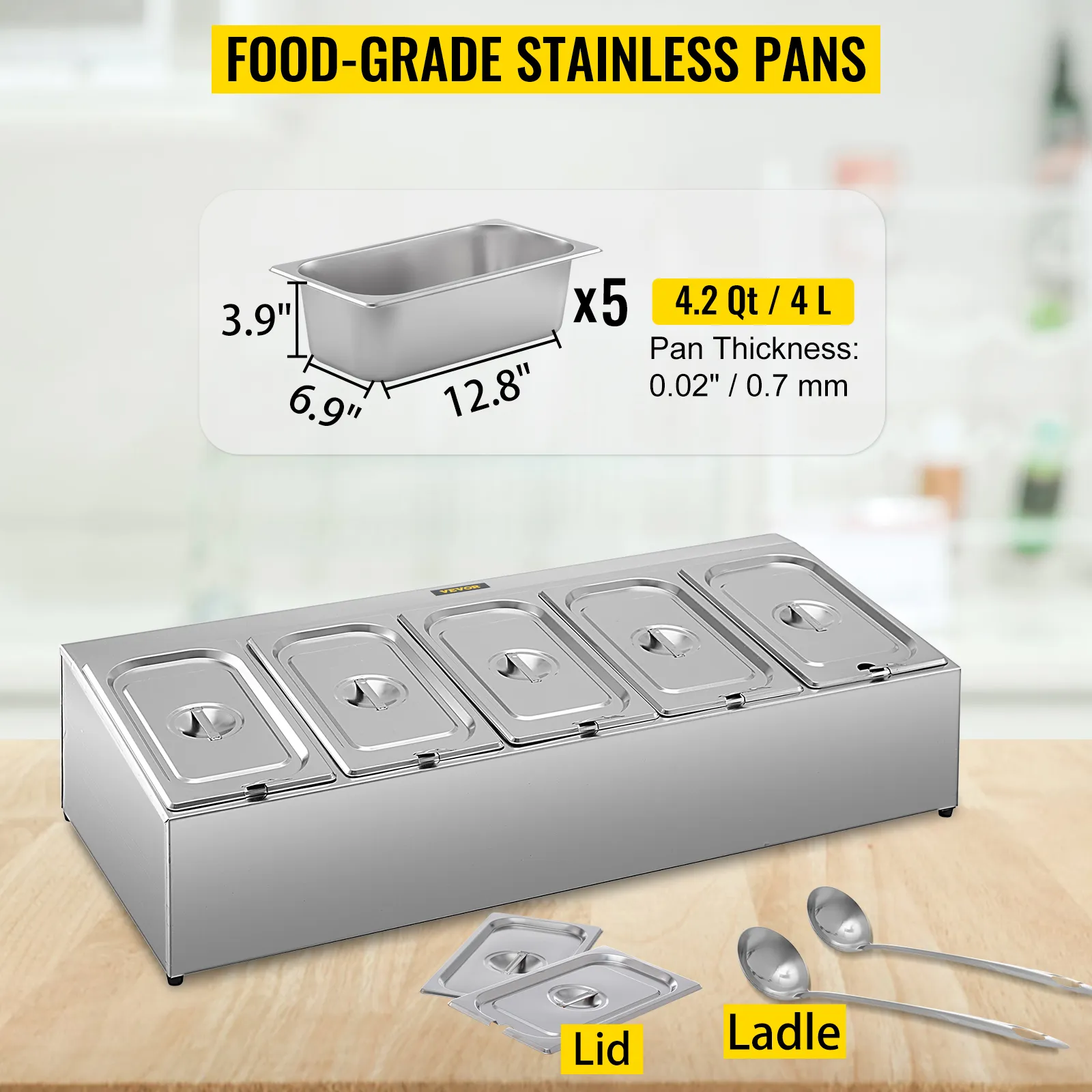 Estante de especias VEVOR con cinco cacerolas, tapas y cucharones de acero inoxidable sobre una encimera de cocina.