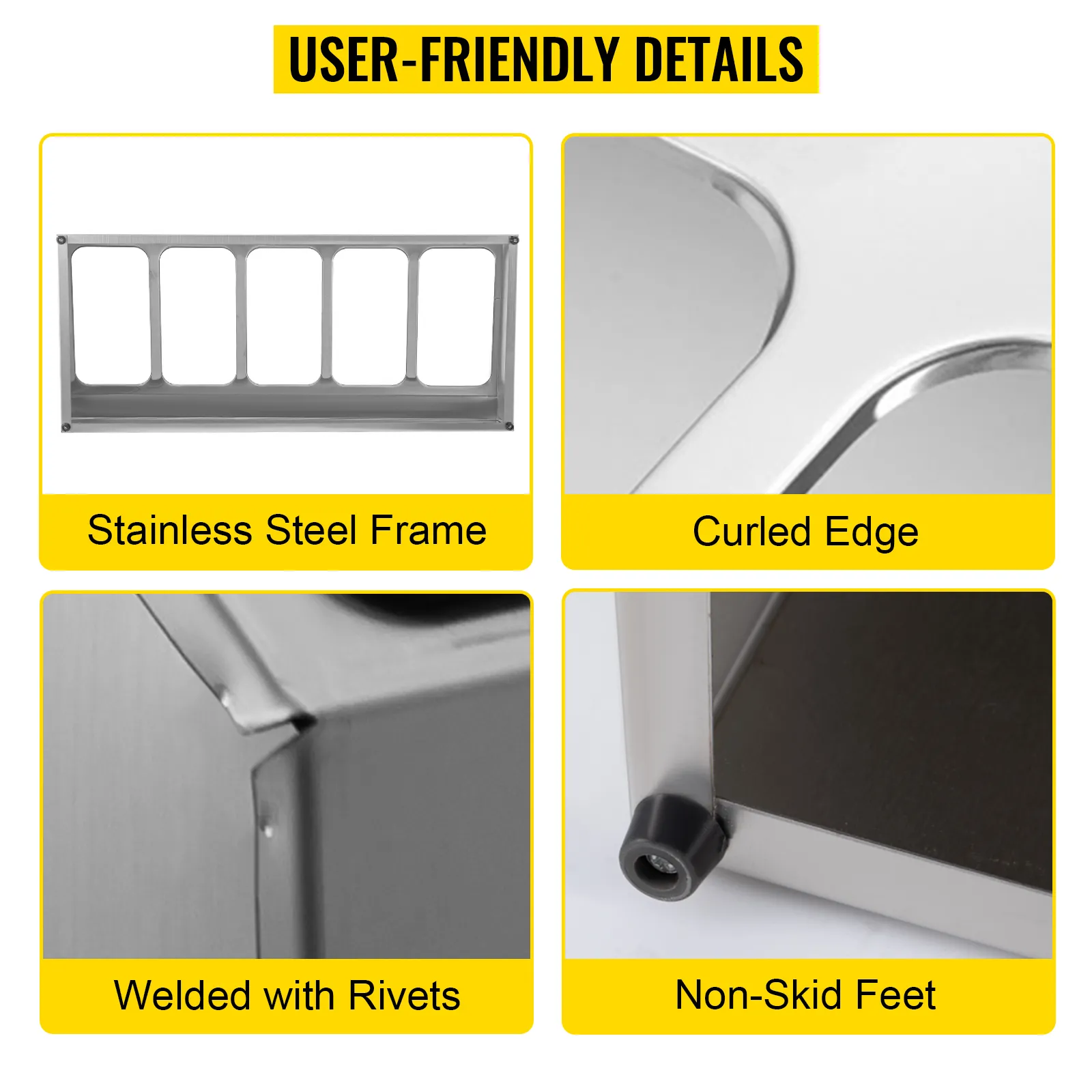 Especiero VEVOR: estructura de acero inoxidable, borde rizado, remaches soldados, patas antideslizantes.