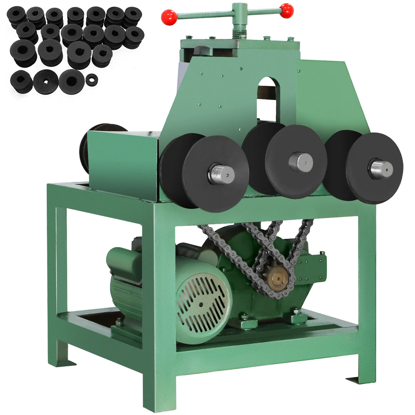 VEVOR electric pipe bender with rollers and fittings on a green industrial frame.