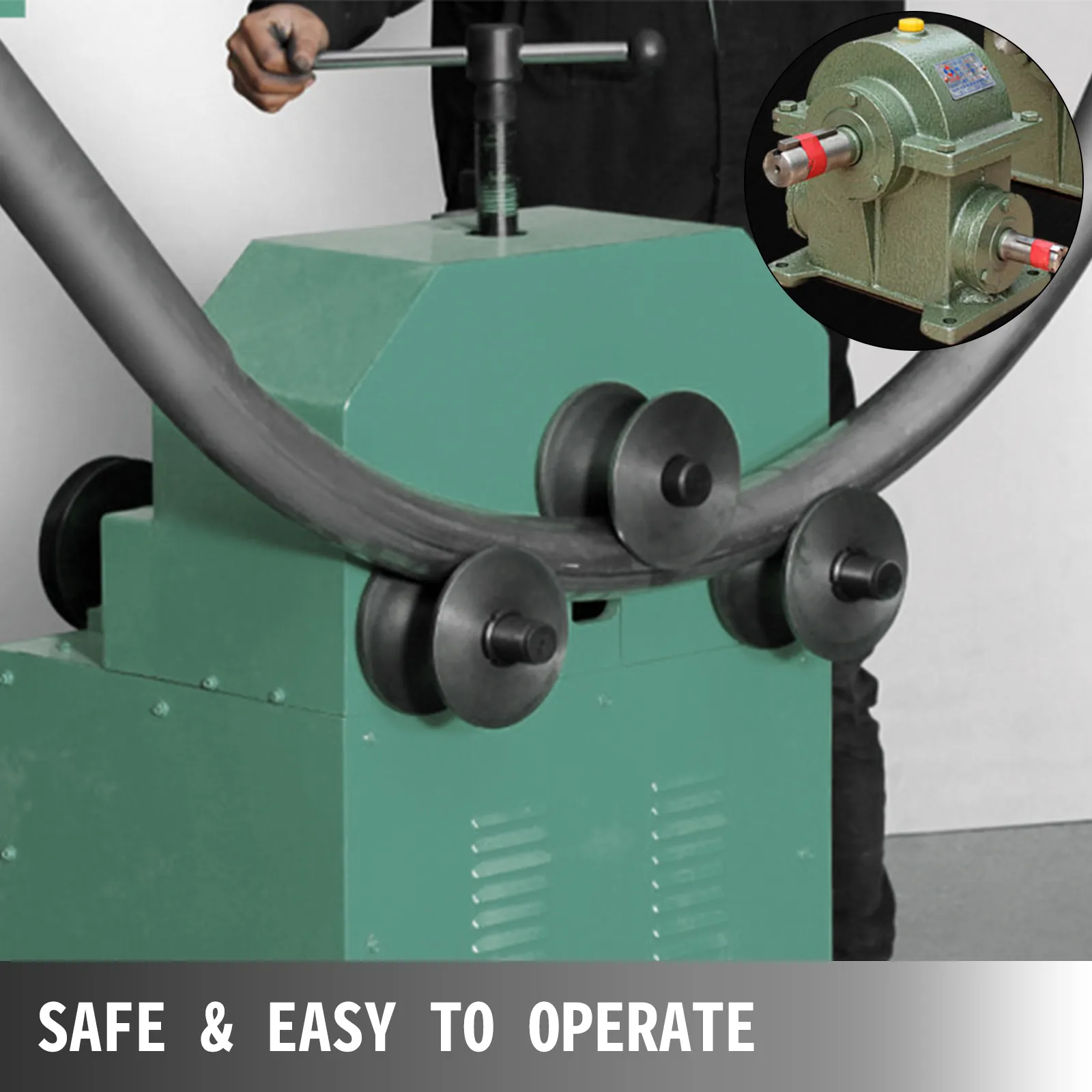 VEVOR electric pipe bender demonstrating safe and easy operation with curved metal pipe.