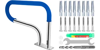 VEVOR pool handrail with blue grip, installation screws, wrench, and drill bit set.