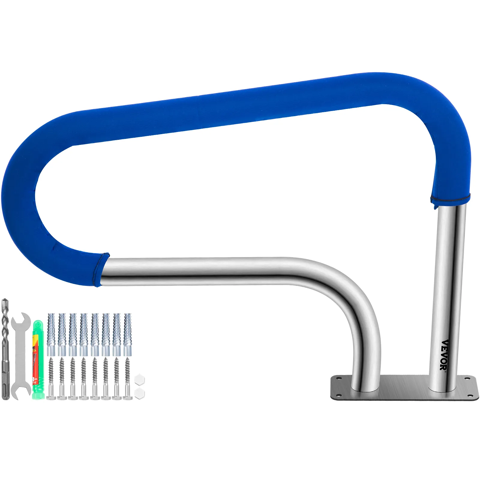 VEVOR pool handrail with blue grip and installation hardware included.