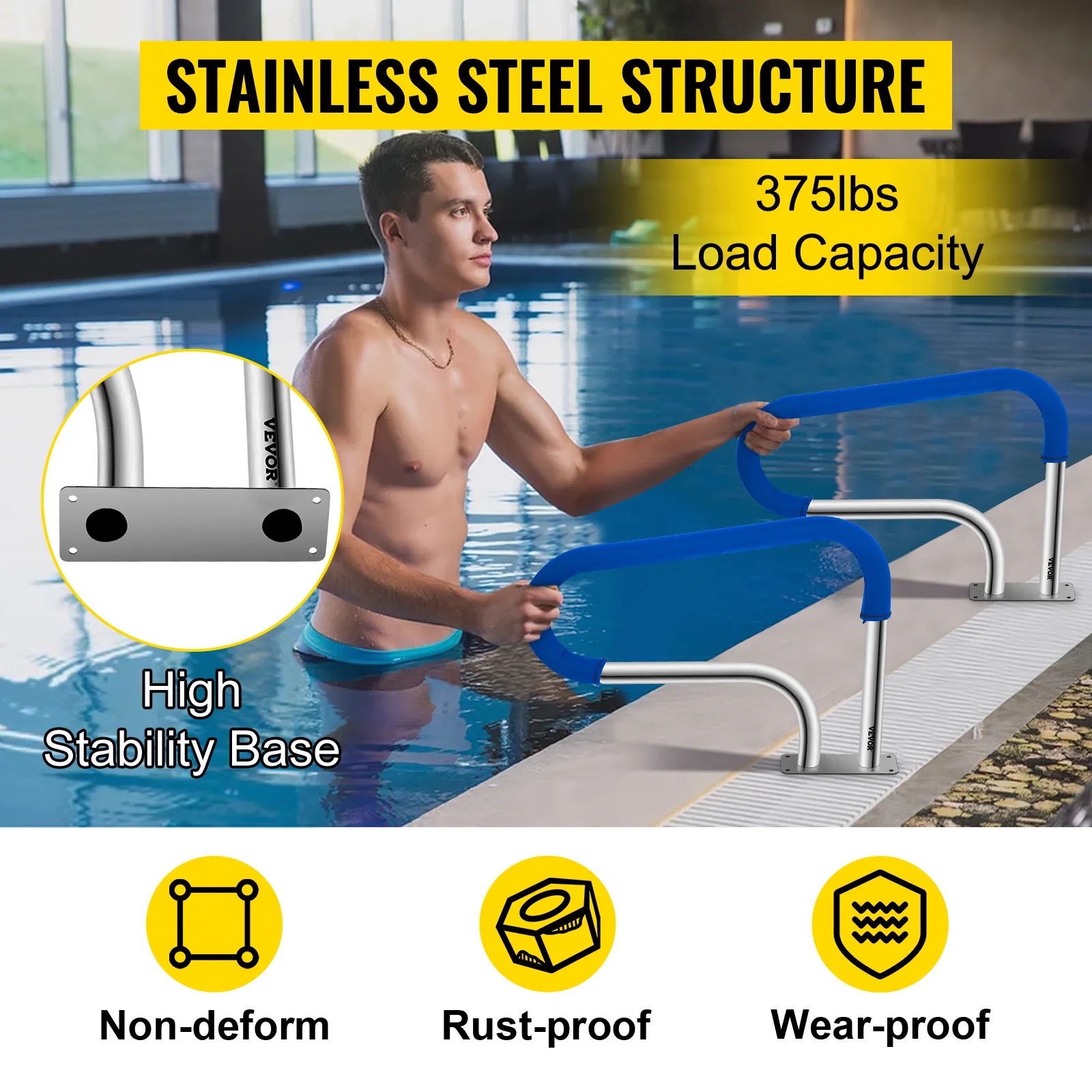 VEVOR pool handrail with high stability base, 375lbs load capacity, stainless steel.