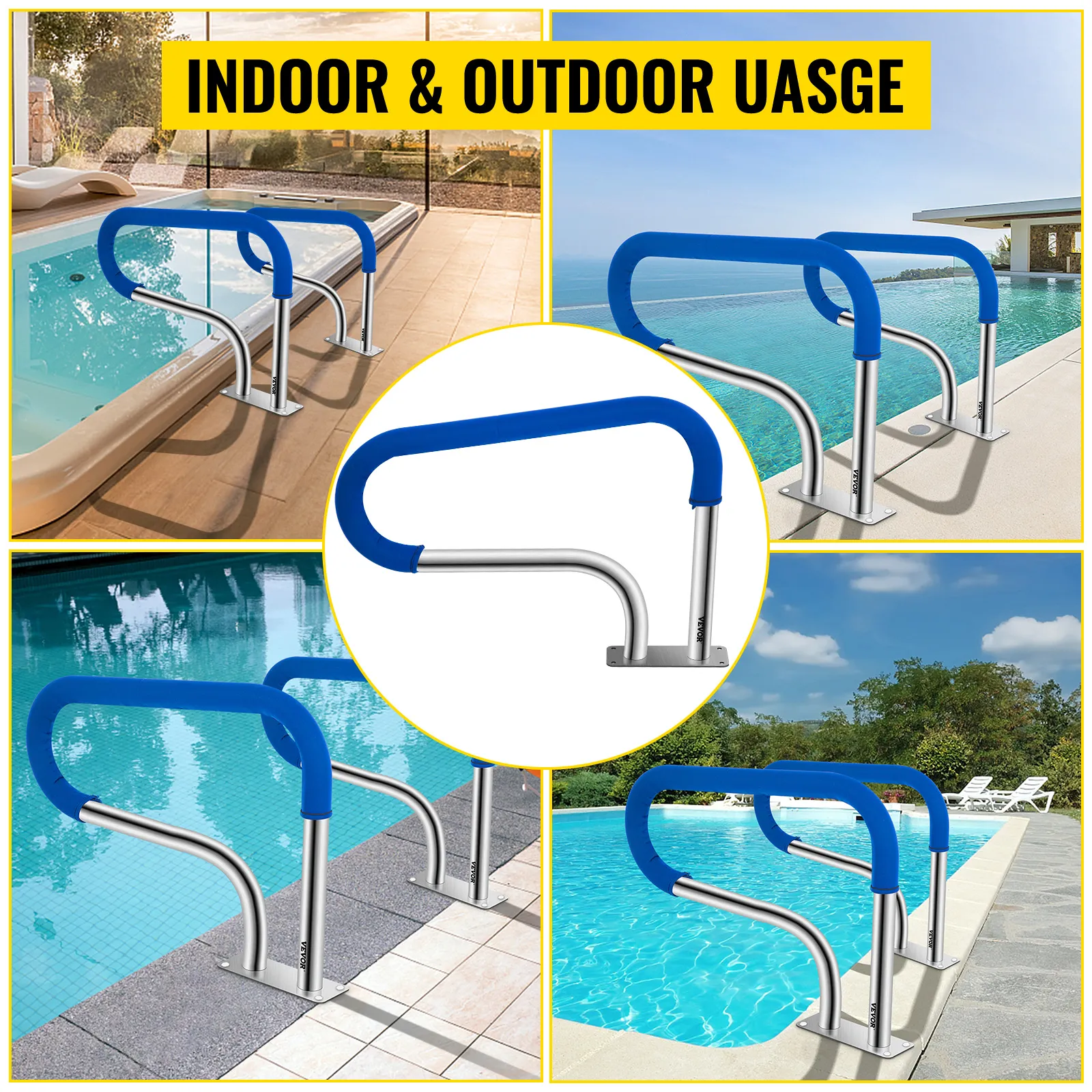 VEVOR pool handrail for indoor and outdoor use with blue safety grip.