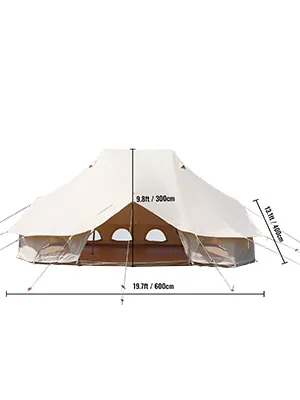 Tienda de campaña VEVOR con grandes ventanales y dimensiones detalladas.