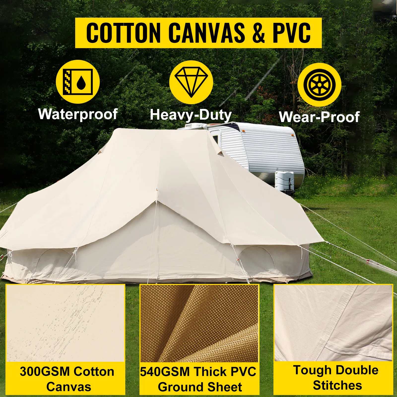 Tienda de campaña VEVOR fabricada con lona de algodón resistente e impermeable con una lona de suelo de PVC.