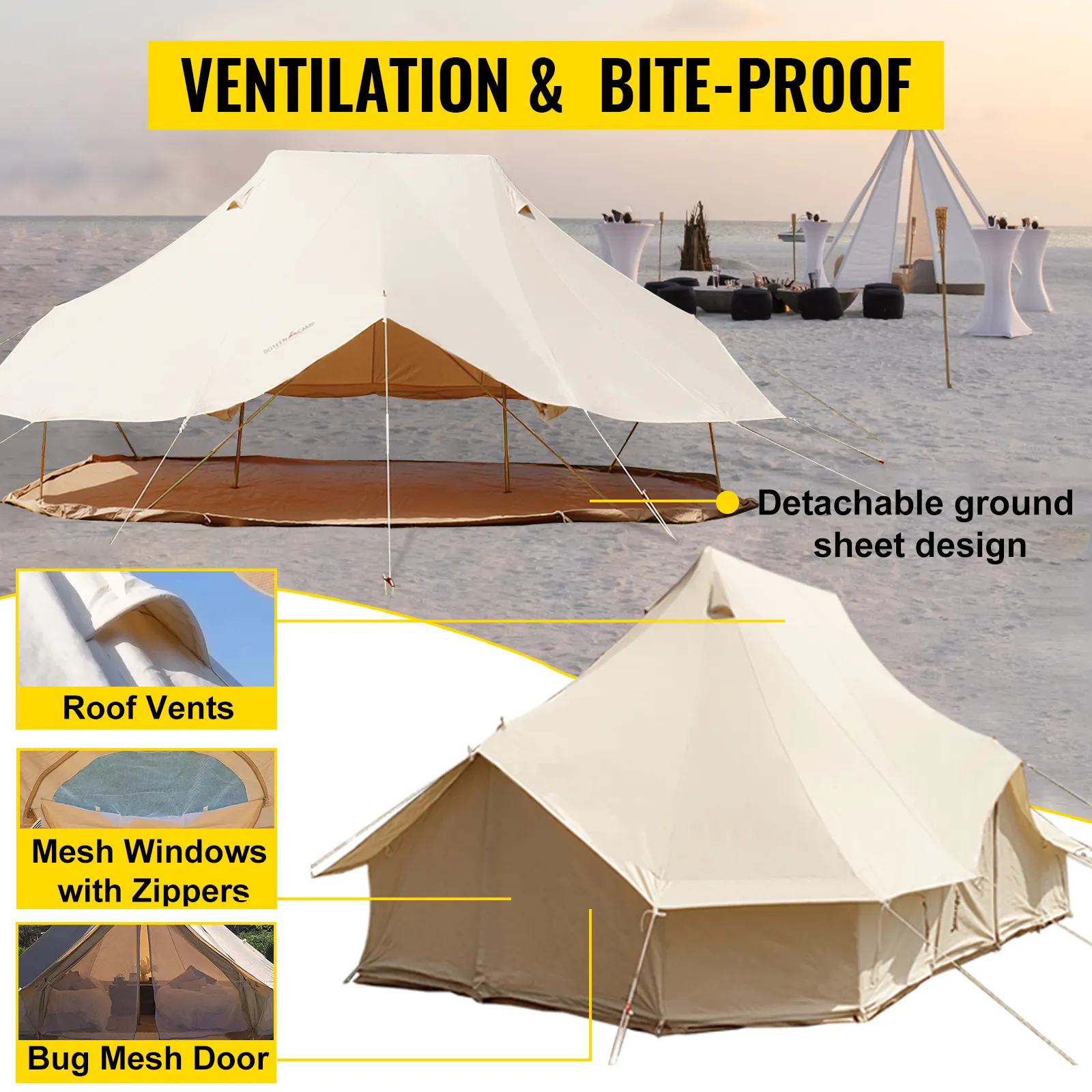 Tienda de campaña VEVOR con lona de suelo desmontable, ventilaciones en el techo y ventanas de malla.