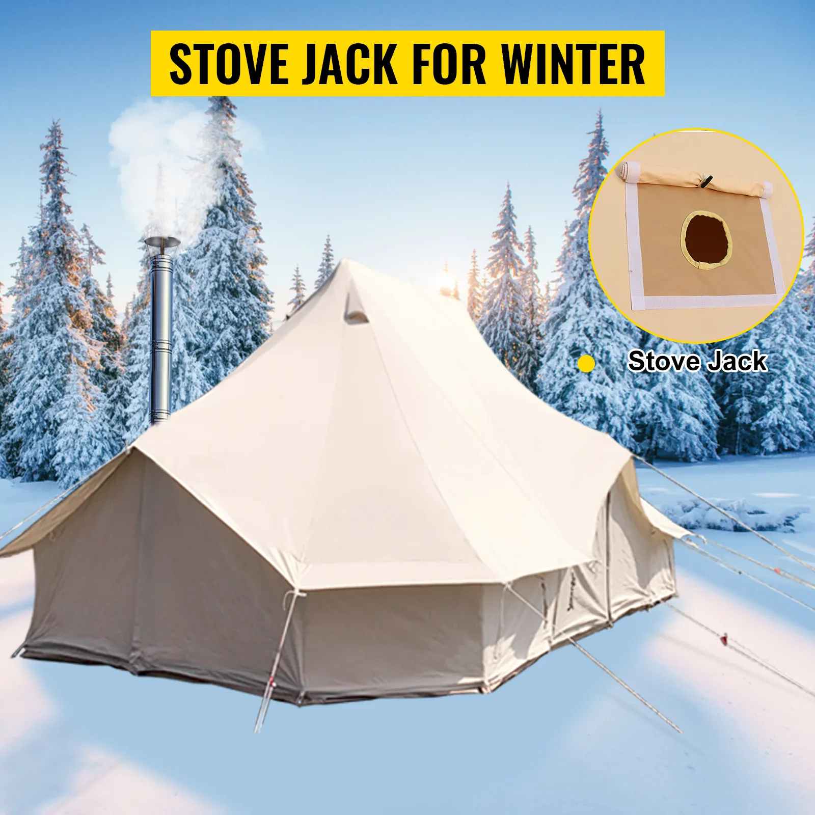 Tienda de campaña VEVOR en invierno con soporte para estufa, rodeada de pinos nevados.