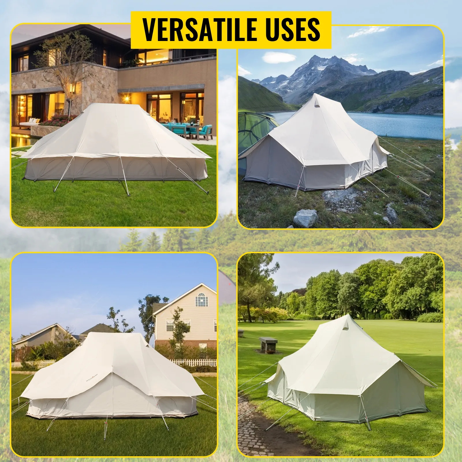 Tienda de campaña VEVOR en diversos entornos al aire libre, que muestra versatilidad y funcionalidad.