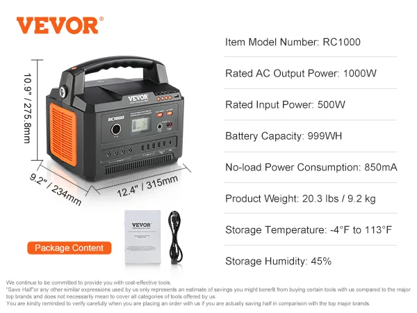 VEVOR portable power station rc1000, 1000w output, 500w input, 999wh capacity, dimensions: 12.4"x9.2"x10.9".