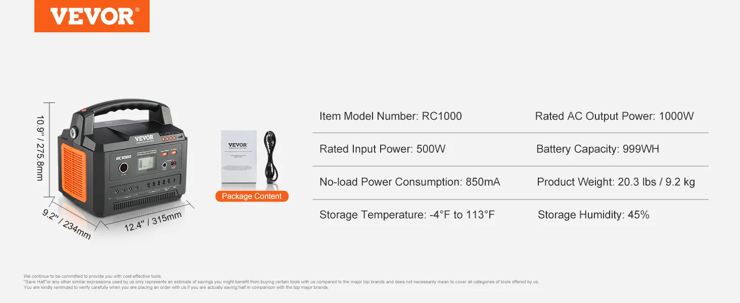 VEVOR portable power station rc1000, 1000w output, 500w input, 999wh capacity, dimensions: 12.4"x9.2"x10.9".