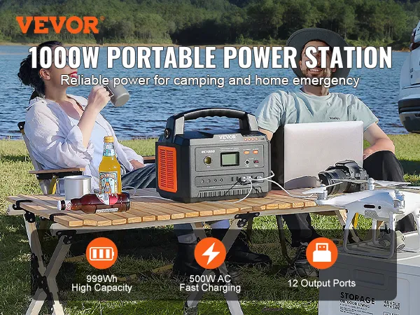 VEVOR portable power station, 1000w for camping, home emergency, 12 output ports, 500w ac fast charging.