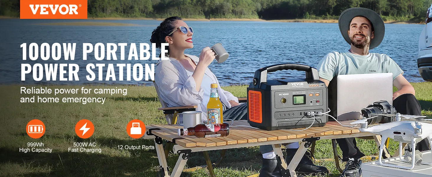 VEVOR portable power station, 1000w for camping, home emergency, 12 output ports, 500w ac fast charging.