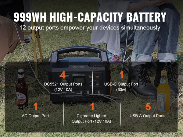 VEVOR portable power station with 999wh battery, showing 12 output ports for various devices outdoors.