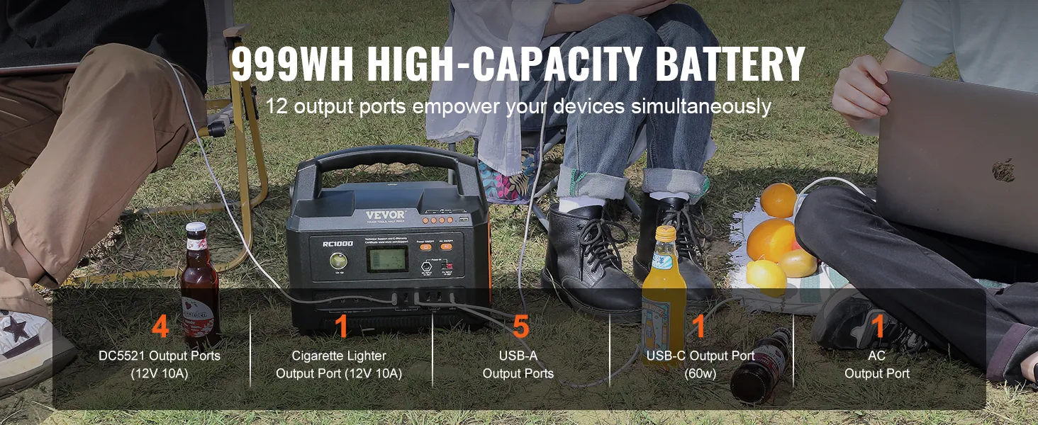 VEVOR portable power station with 999wh battery, showing 12 output ports for various devices outdoors.