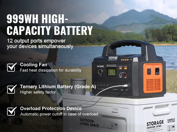 VEVOR portable power station with cooling fan, ternary lithium battery, and overload protection by a lake.