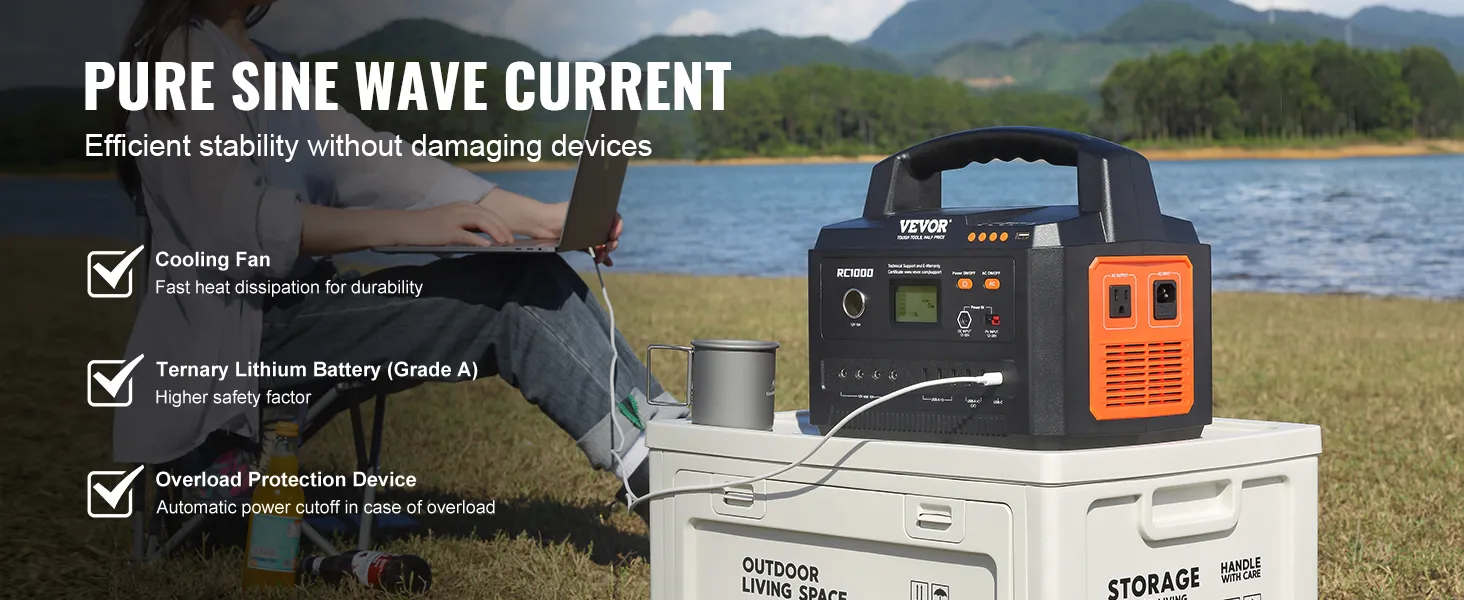 VEVOR portable power station with cooling fan, ternary lithium battery, and overload protection by a lake.
