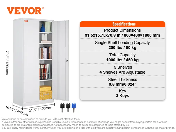 VEVOR-Aufbewahrungsschrank aus Metall mit 5 Regalen, einstellbarer Höhe, 3 Schlüsseln und einer Tragfähigkeit von 1000 lbs.