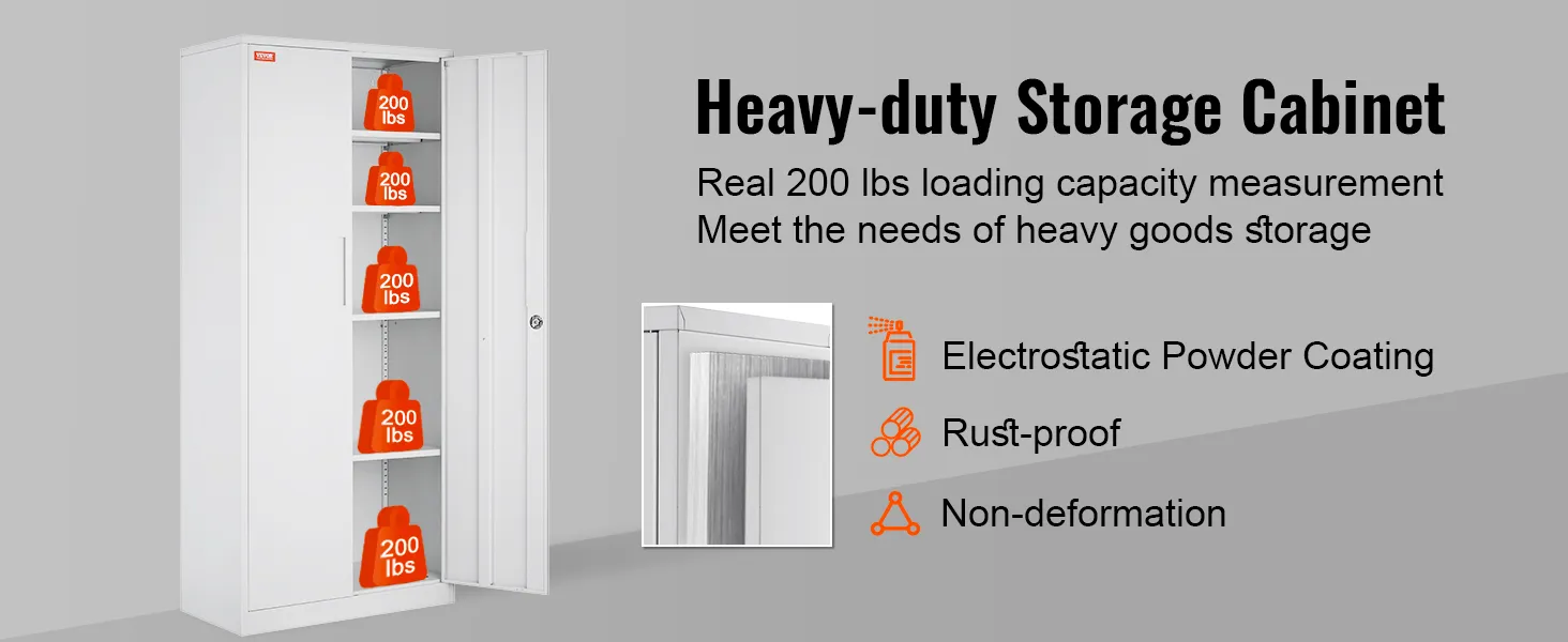 heavy-duty VEVOR metal storage cabinet with 200 lbs capacity, electrostatic powder coating, rust-proof.