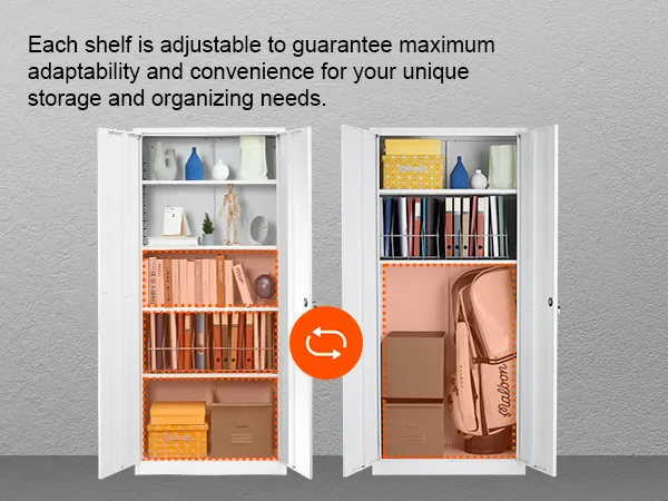 verstellbarer VEVOR-Aufbewahrungsschrank aus Metall mit Büchern, Kisten und Dekorationsartikeln auf verschiedenen Regalen.