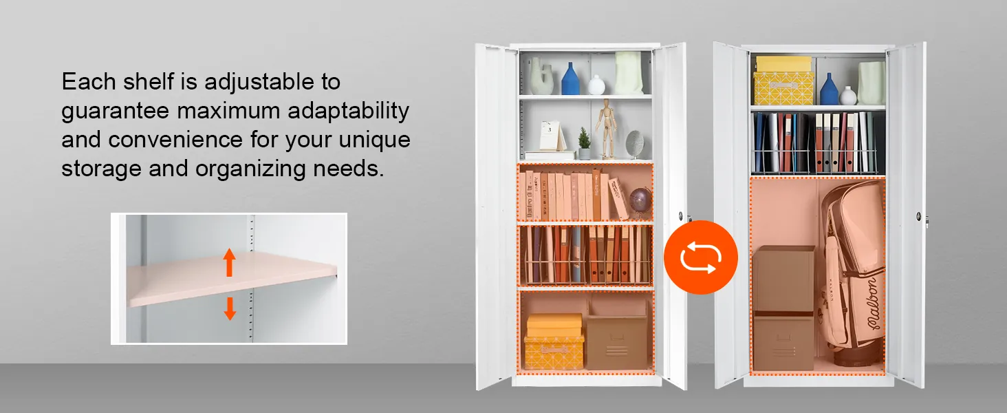 adjustable VEVOR metal storage cabinet with books, boxes, and decorative items on various shelves.