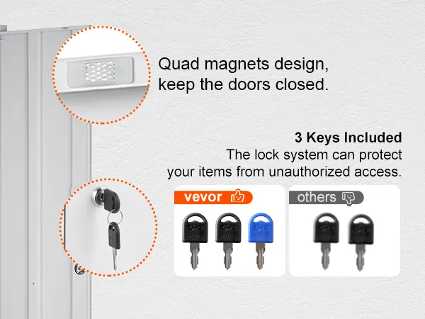 VEVOR-Aufbewahrungsschrank aus Metall; vier Magnete halten die Türen geschlossen, inklusive drei Schlüsseln zum sicheren Verschließen.