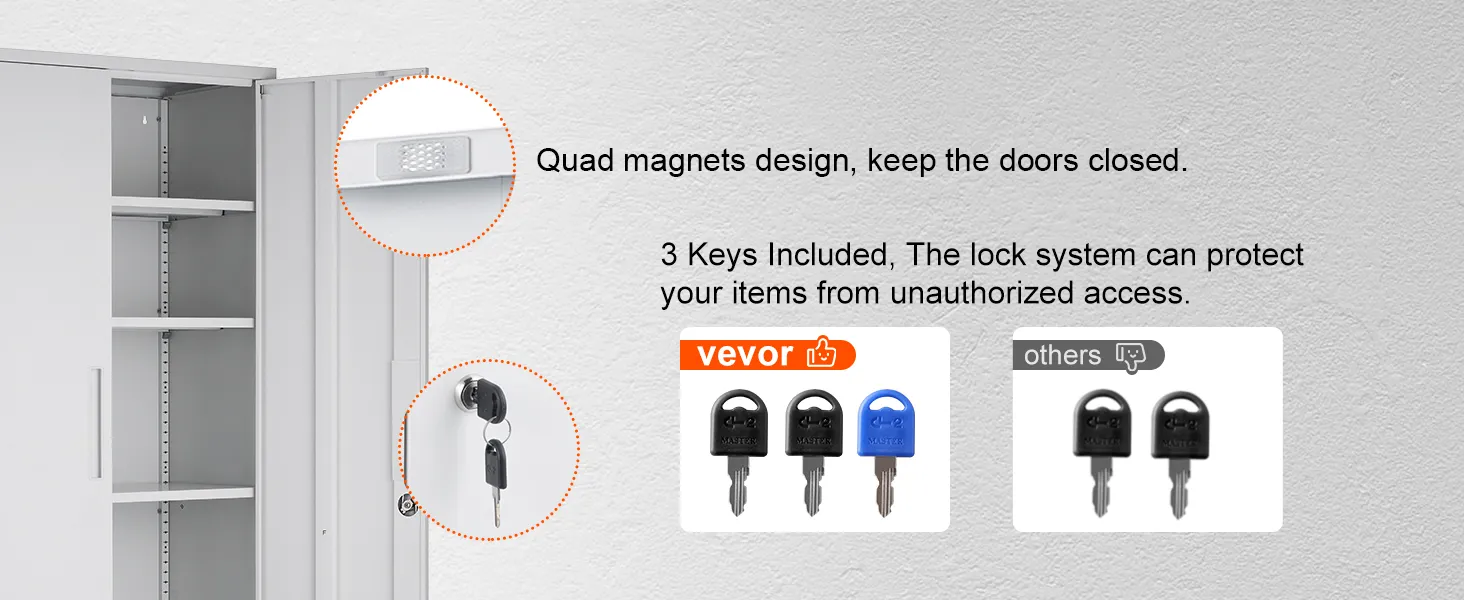 VEVOR metal storage cabinet; quad magnets keep doors closed, includes three keys for secure locking.