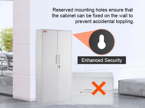 VEVOR-Metall-Aufbewahrungsschrank mit erhöhter Sicherheit, reservierte Montagelöcher verhindern ein versehentliches Umkippen.