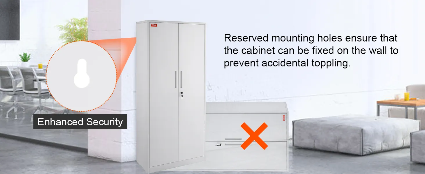 VEVOR metal storage cabinet with enhanced security, reserved mounting holes to prevent accidental toppling.