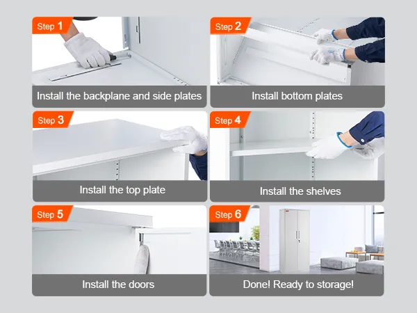 Schritt-für-Schritt-Anleitung zum Zusammenbau des VEVOR-Metalllagerschranks: Rückwand, Bodenplatten, Deckplatte, Regale, Türen.