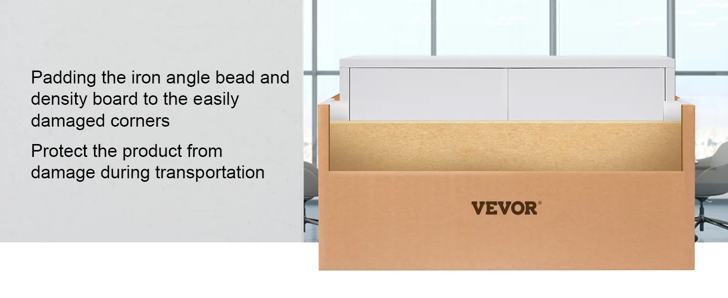 VEVOR metal storage cabinet in protective packaging with padding materials for secure transportation.