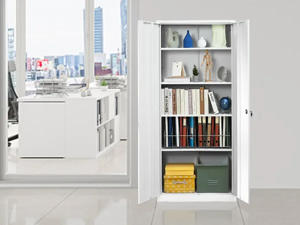 VEVOR metal storage cabinet with office supplies, books, and decor items in a modern office space.