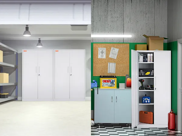 two VEVOR metal storage cabinets in a garage, one open showing tools and supplies, the other closed.