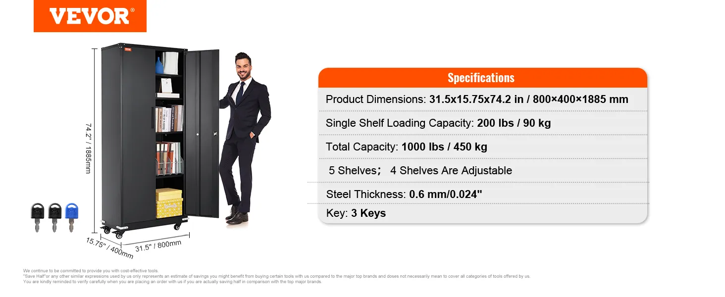 Armario de almacenamiento de metal VEVOR con 5 estantes, 3 llaves y capacidad total de 1000 libras, dimensiones 31,5 x 15,75 x 74,2 pulgadas.