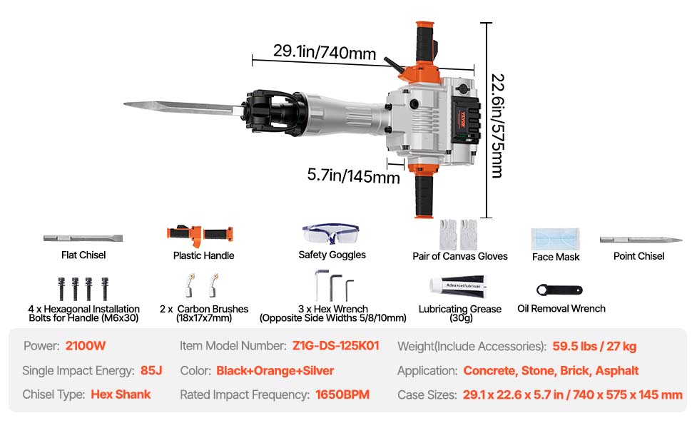 VEVOR Hammer Drill Jackhammer – 2100W, 2 Chisels Included