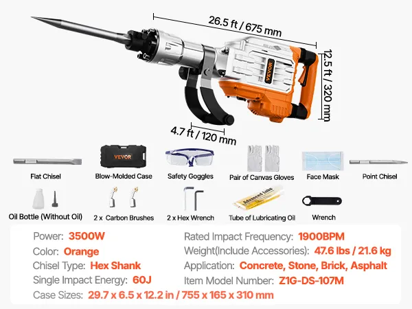 Martillo demoledor VEVOR, 3500 W, vástago hexagonal, energía de impacto 60 J, 1900 BPM, 675 x 120 x 320 mm, 21,6 kg.
