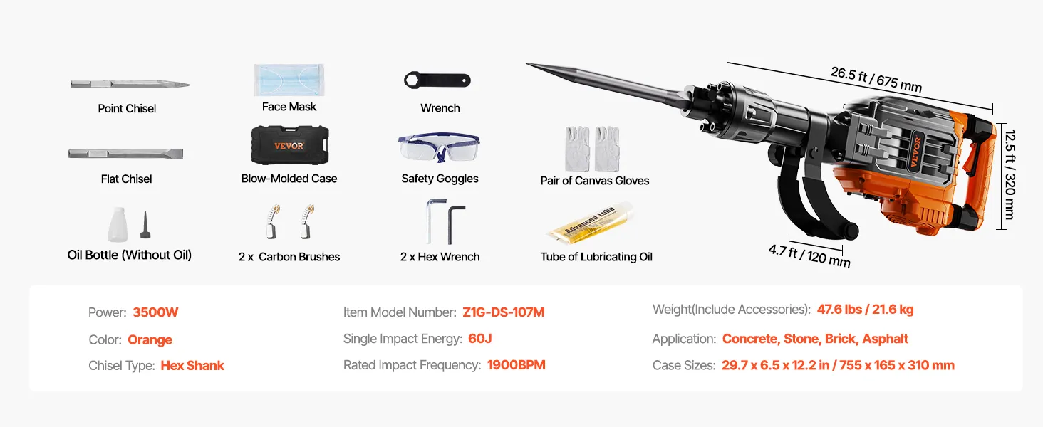 Martillo demoledor VEVOR, 3500 W, vástago hexagonal, energía de impacto 60 J, 1900 BPM, 675 x 120 x 320 mm, 21,6 kg.