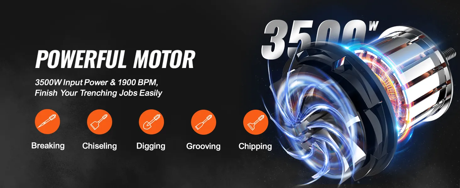 Potente motor con potencia de entrada de 3500 W para el martillo demoledor VEVOR, ideal para romper, cincelar, cavar, ranurar y picar.