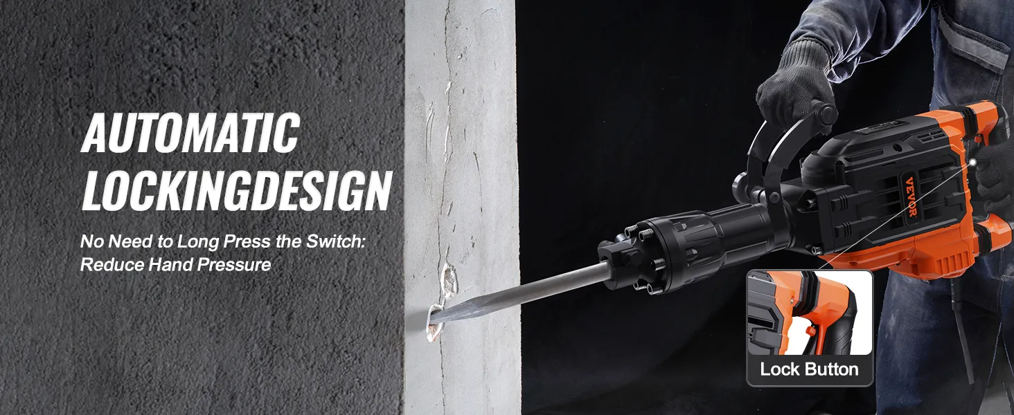 Martillo de demolición VEVOR con diseño de bloqueo automático que reduce la presión de la mano durante el uso.