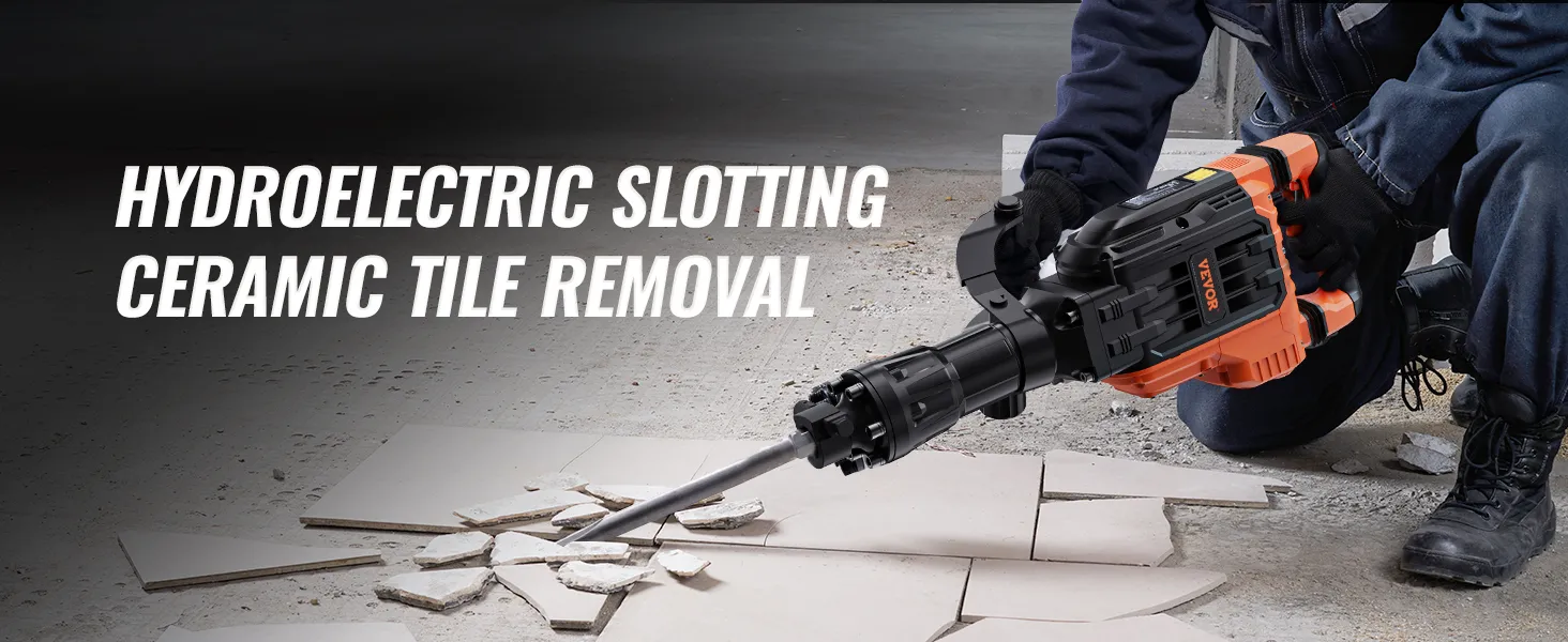 Trabajador que utiliza un martillo demoledor VEVOR para retirar baldosas de cerámica; texto: ranurado hidroeléctrico, retirada de baldosas de cerámica.