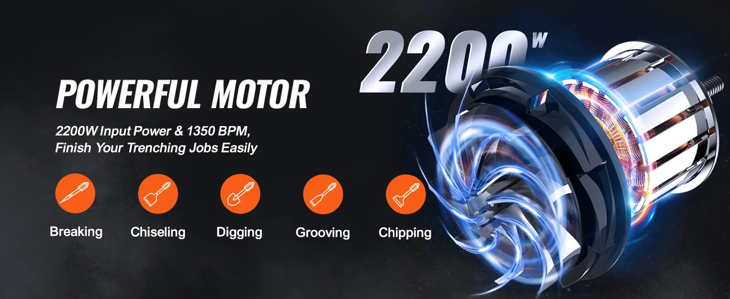 Martillo demoledor VEVOR de 2200 W para romper, cincelar, cavar, ranurar y picar.